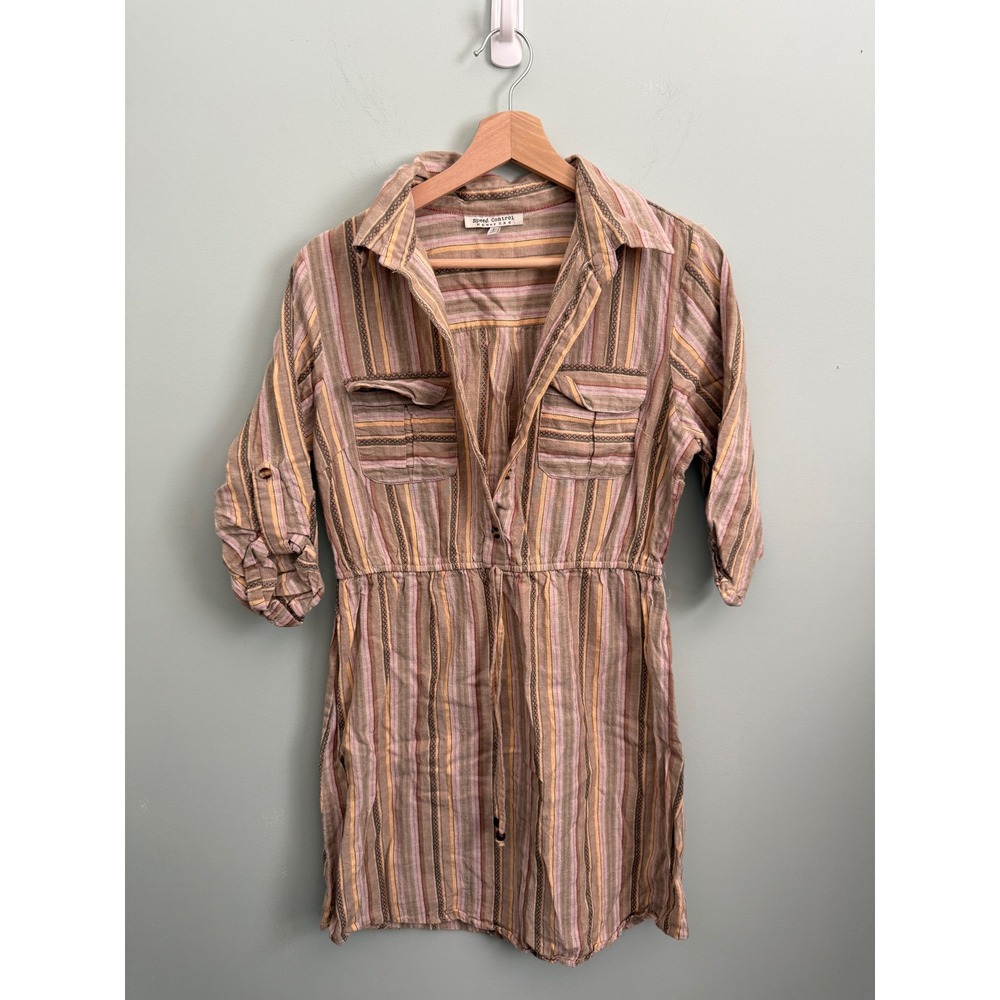 Speed Control New York Striped Boho Shirt Dress Brown Pink Large